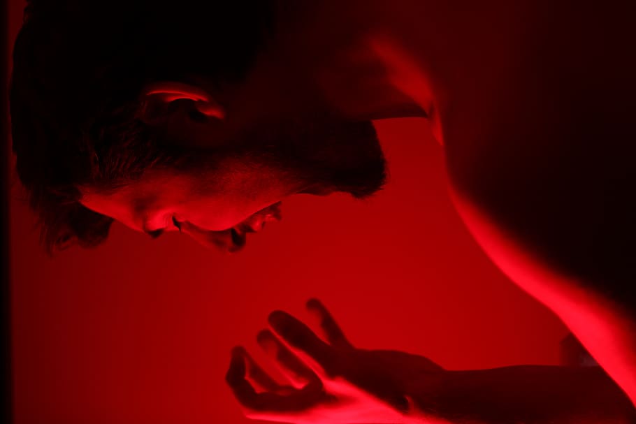 man facing his hands, red, human body part, one person, headshot HD wallpaper