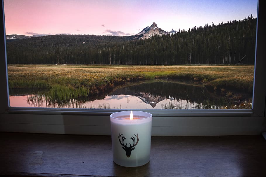 mountain, candle, window, lake, pond, sky, peak, grass, cup HD wallpaper