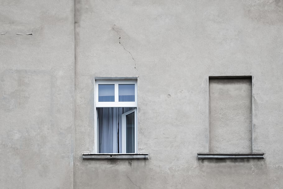 birds eye view of white open window, wall, stucco, crack, shut HD wallpaper