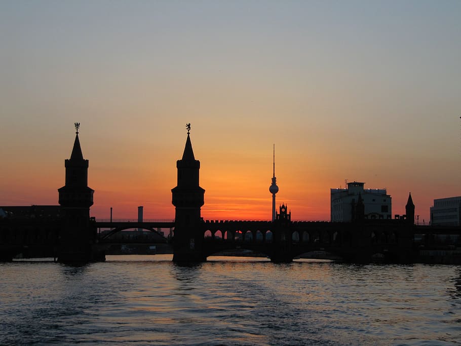 Silhouette of Bridge on Body of Water during Golden Hour, architecture HD wallpaper