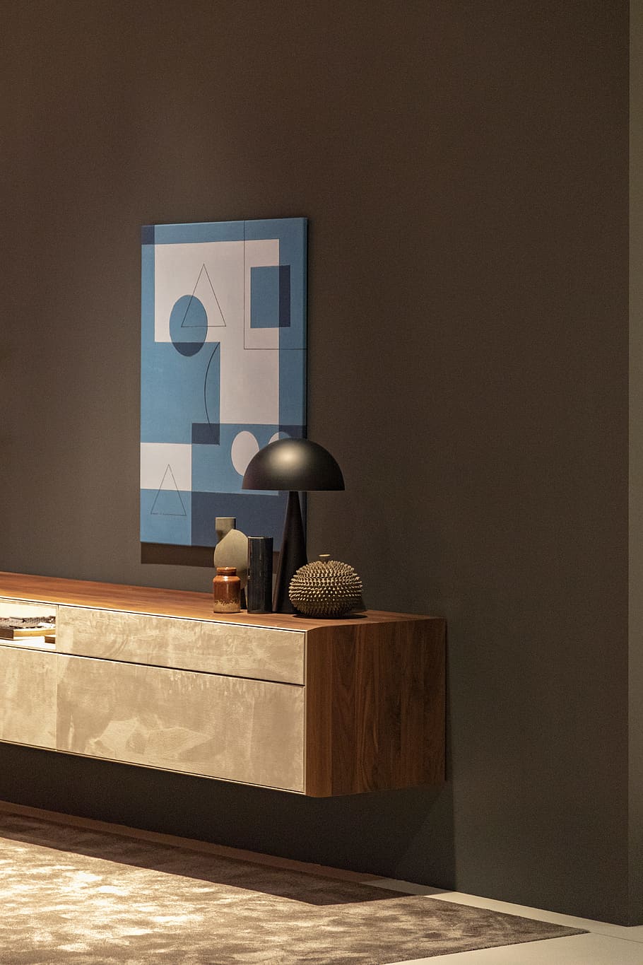 gray table lamp on brown sideboard, interior design, art, canvas HD wallpaper
