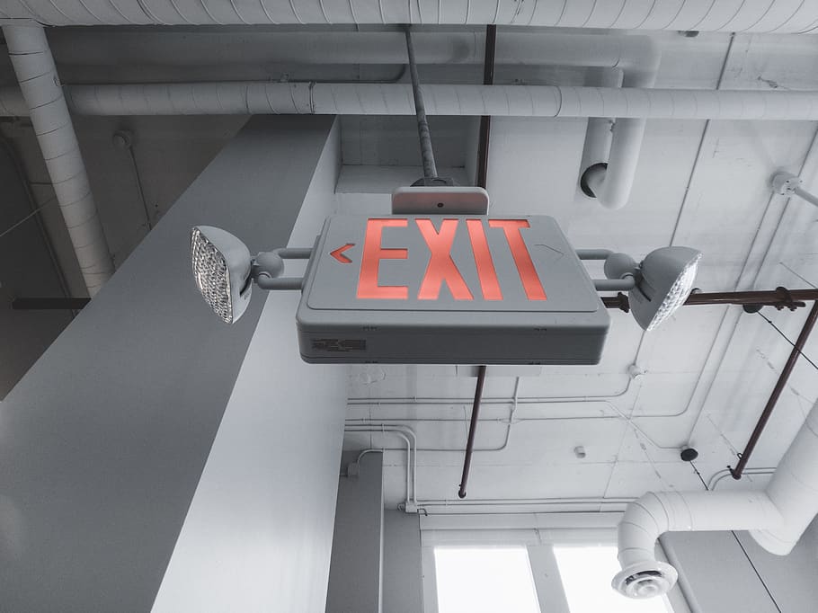 white Exit signage, communication, ceiling, low angle view, guidance HD wallpaper