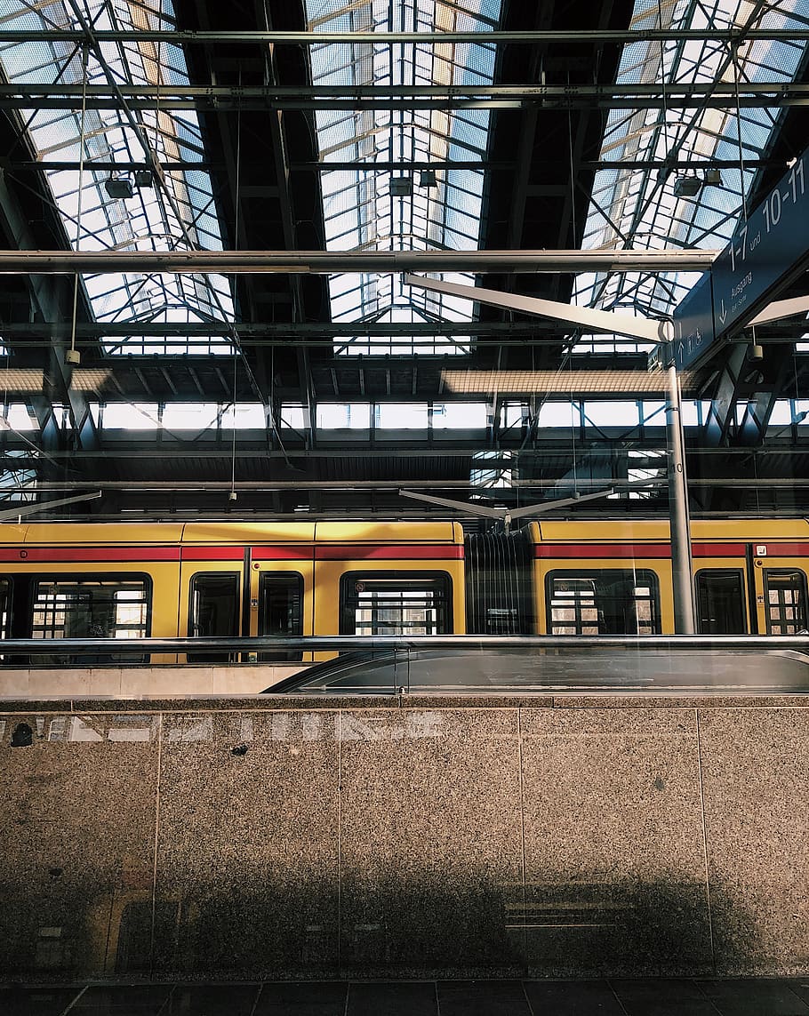 yellow train at daytime, train station, vehicle, terminal, transportation HD wallpaper