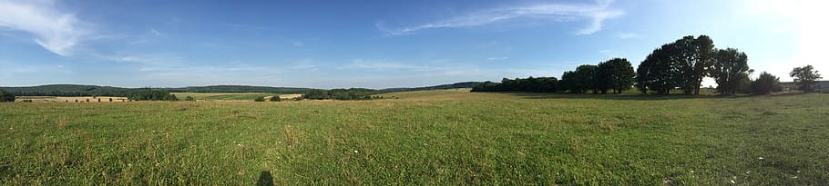 sky, cloud, blue, filed, lea, green, landscape, grass, environment HD wallpaper