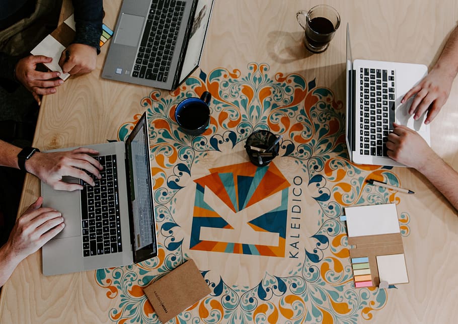 three person using laptops, computer, desk, work, people, logo HD wallpaper