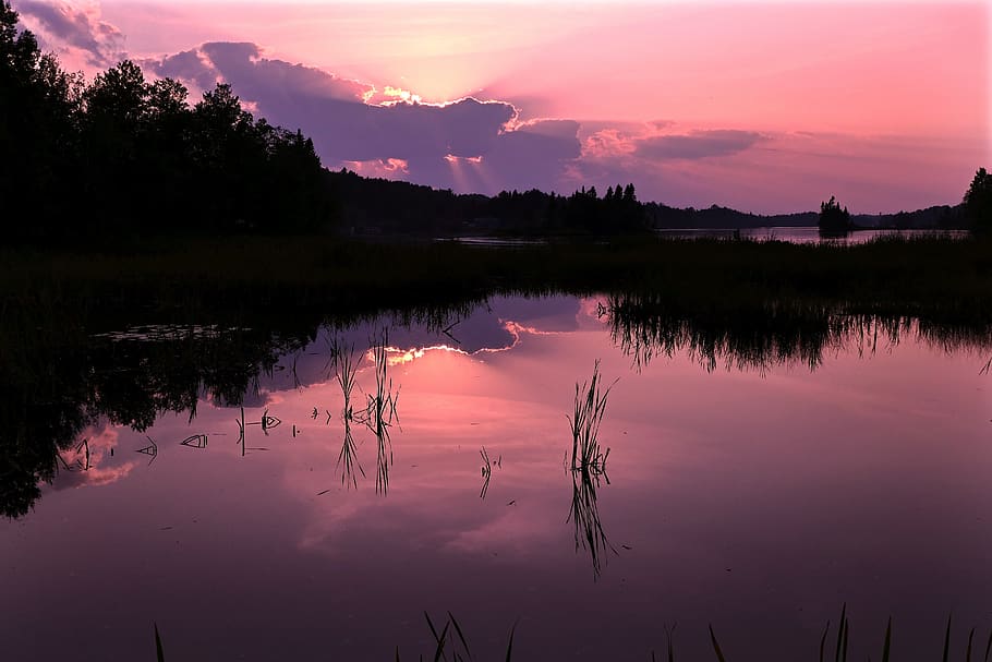 sunset, twilight, landscape, nature, water, evening, lake, colorful HD wallpaper