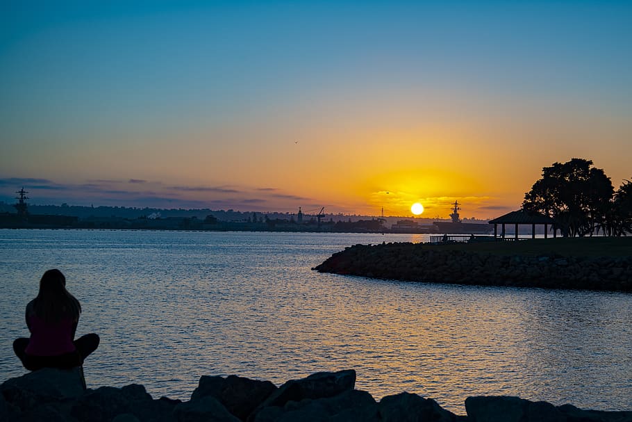 Silhouette Photography of Person during Dawn \, backlit, landscape HD wallpaper