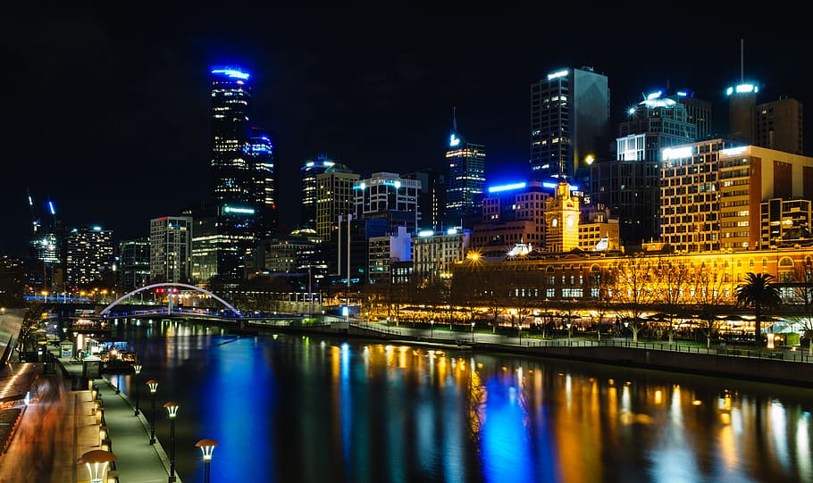 australia, melbourne, landscape, night, lights, river, water HD wallpaper