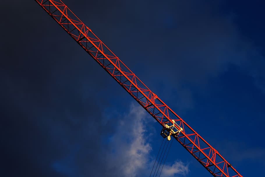 red crane, industry, sky, crane - construction machinery, construction site HD wallpaper