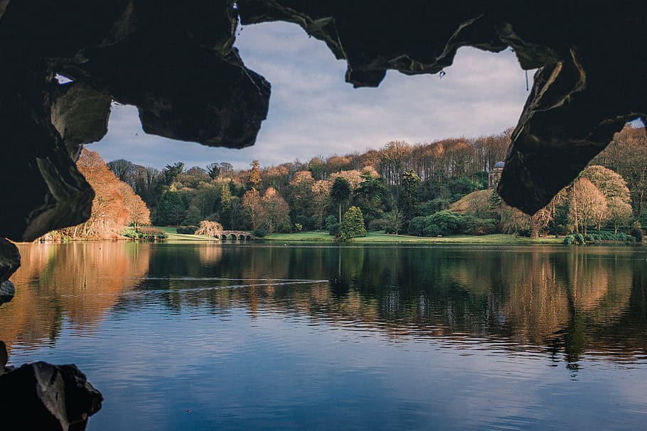 Body of Water and Green Trees, cave, clouds, daylight, lake, landscape HD wallpaper