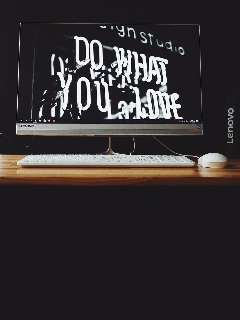 Gray Lenovo Flat Screen Monitor Displaying Do What You Love Neon Signage HD wallpaper