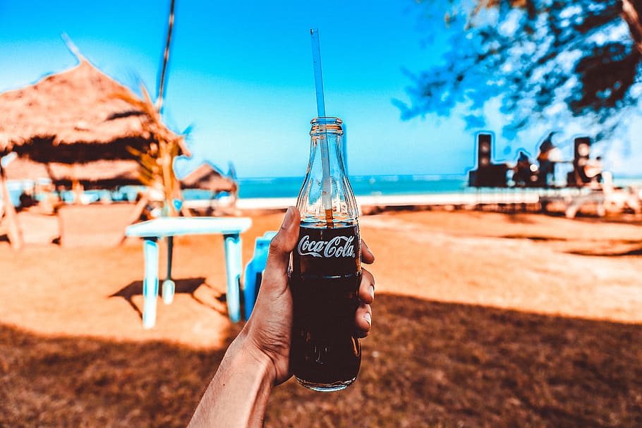 Person Holding Coca-cola Glass Bottle, beach, beach huts, blue HD wallpaper