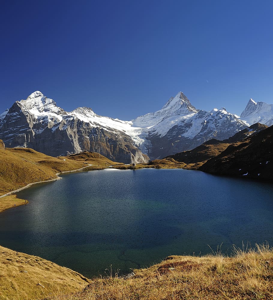 Body of Water, alpine, beautiful, blue, climb, cold, dry grass HD wallpaper