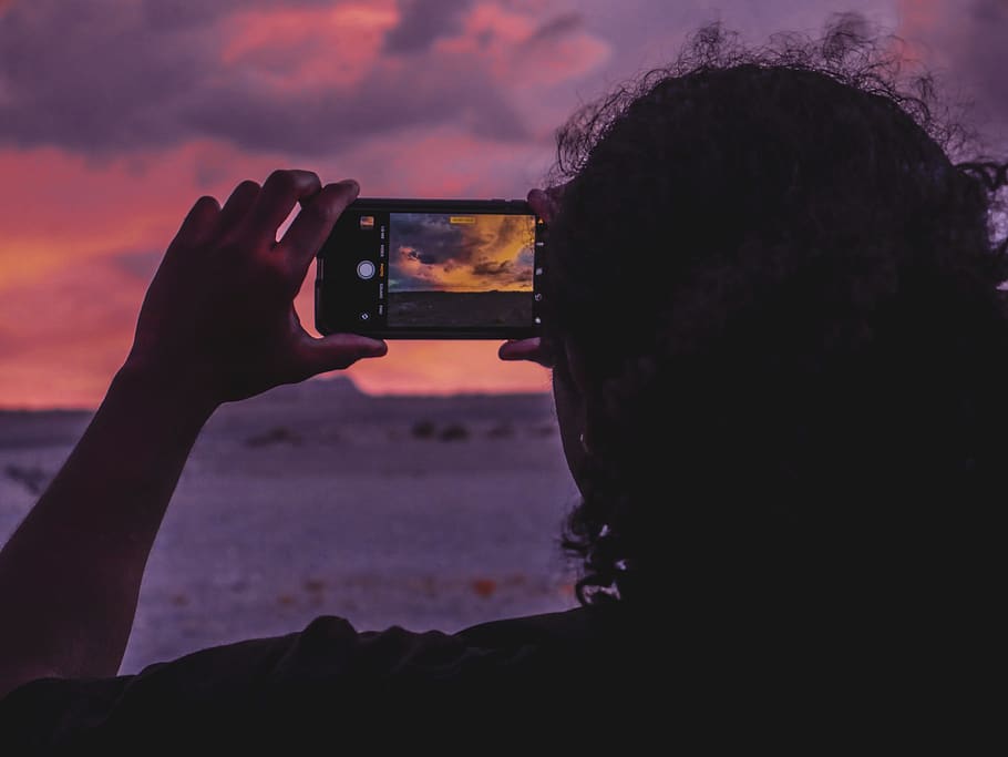Person Taking A Photo, backlit, dawn, sky, sunrise, sunset, taking photo HD wallpaper