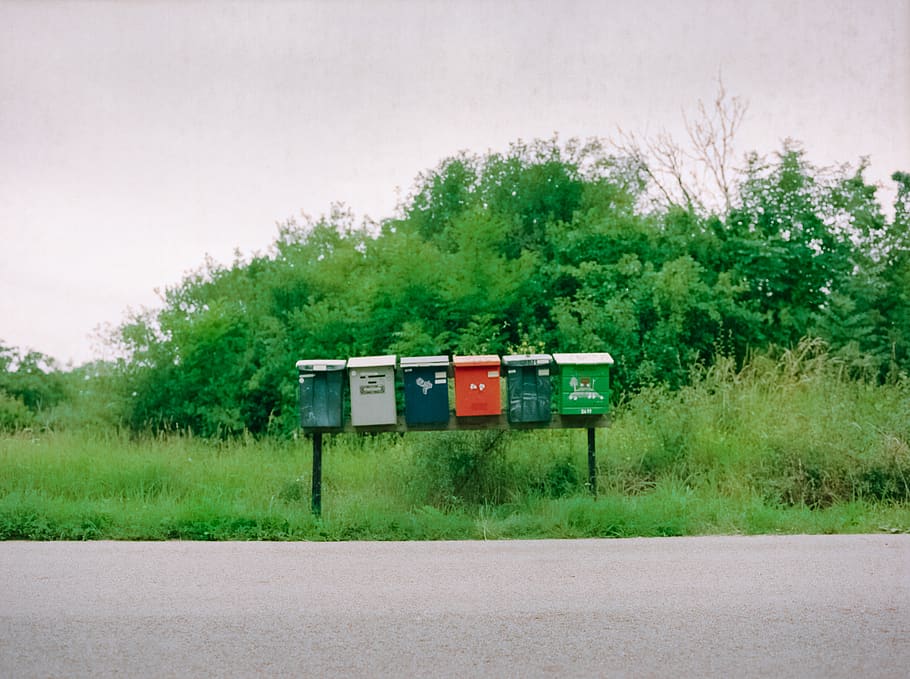 sweden, öland, empty, green, countryside, centered, film, mailbox