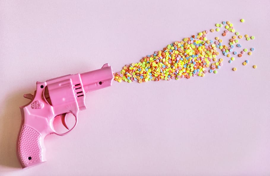 Pink Revolver Gun, art, artsy, background, bright, close-up, colorful
