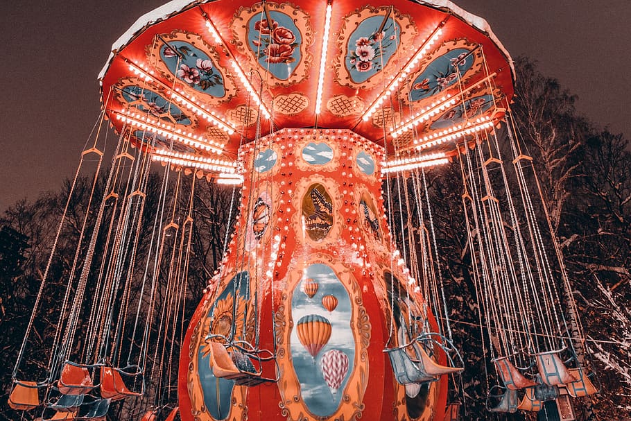 carousel view at night, theme park, amusement park, waiipaper HD wallpaper