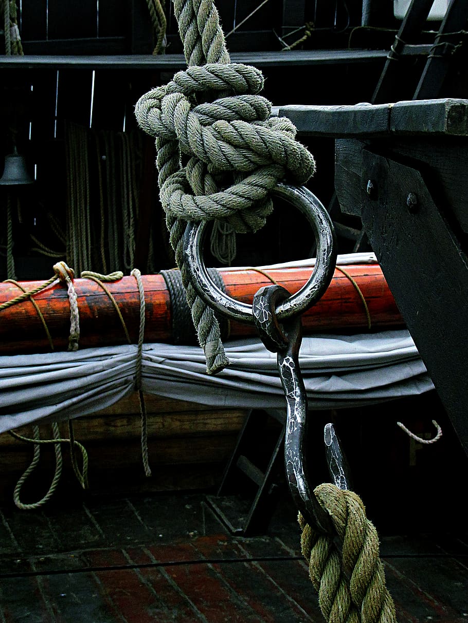 HD wallpaper: gray hook, knot, rope, wood, water, waterfront, port