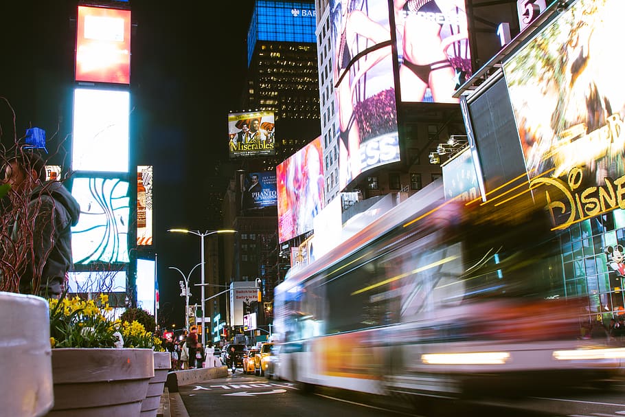 nyc, blur, motion, bus, people, lights, times square, new york HD wallpaper