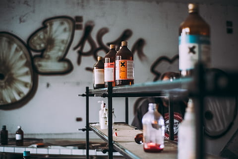 Glass Bottles on Shelf, abandoned, blur, building, container HD wallpaper