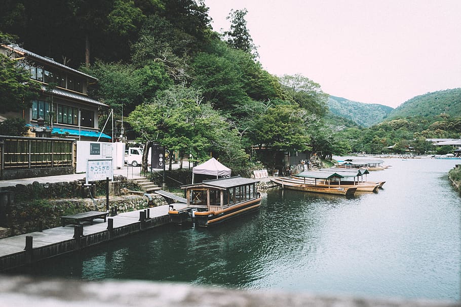 lake, river, boat, scenery, japan, water, tree, plant, nautical vessel HD wallpaper