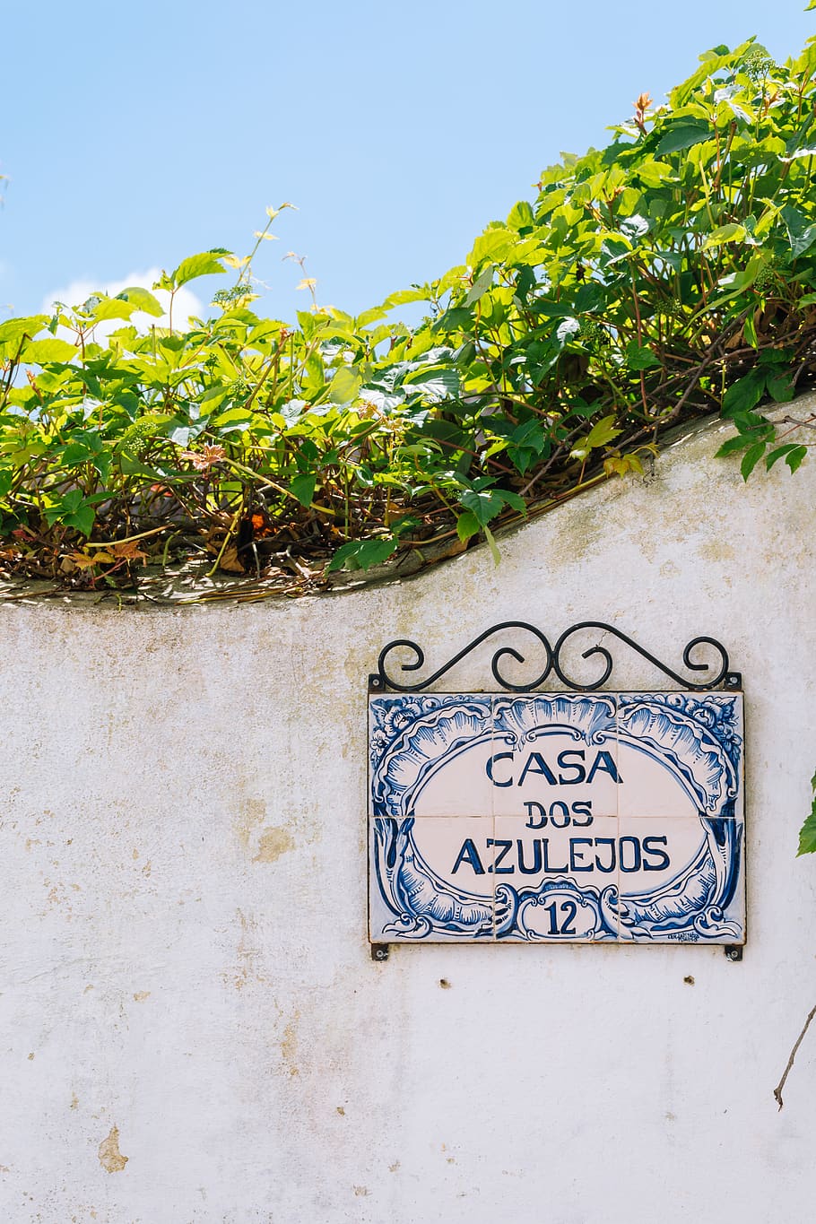 Casa Dos Azulejos signage, portugal, obidos, bush, hedge, wall
