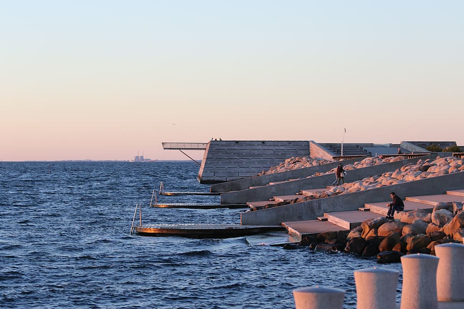 sweden, malmö, sky, water, sea, sunset, clear sky, transportation HD wallpaper