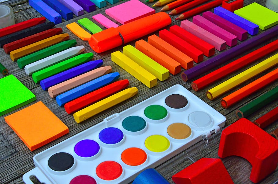 school times, school school supplies, brushes, crayon, education, HD wallpaper