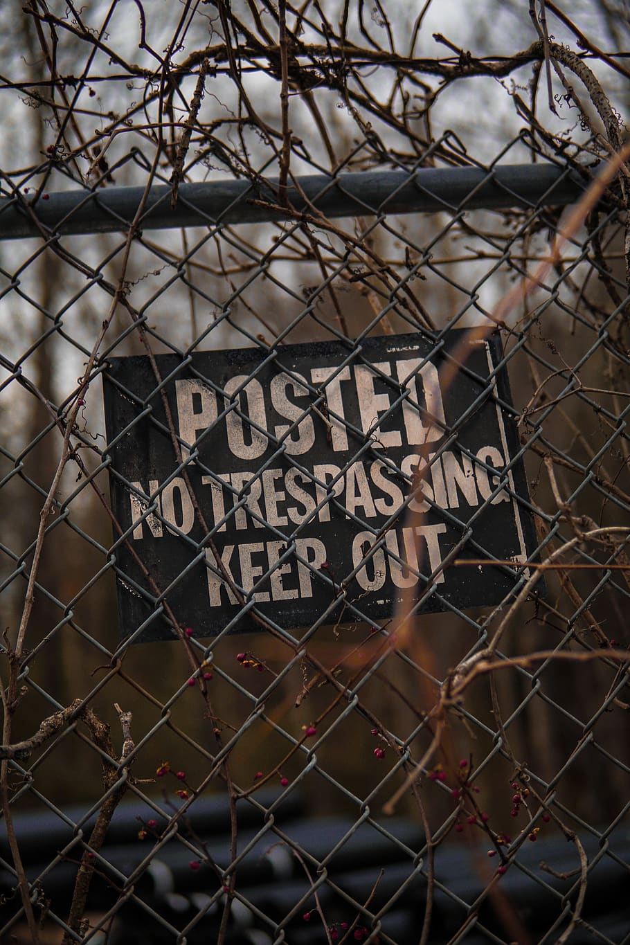 Posted No Trespassing Keep Out signage, text, label, fence, sticker