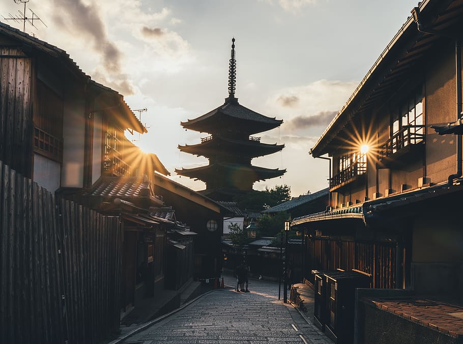 Download wallpapers Japanese temple architecture sunset evening Kyoto  Japan  Japan landscape Japanese landscape Japanese temple