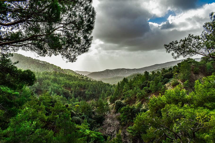 mountains, trees, landscape, nature, valley, sky, clouds, countryside HD wallpaper