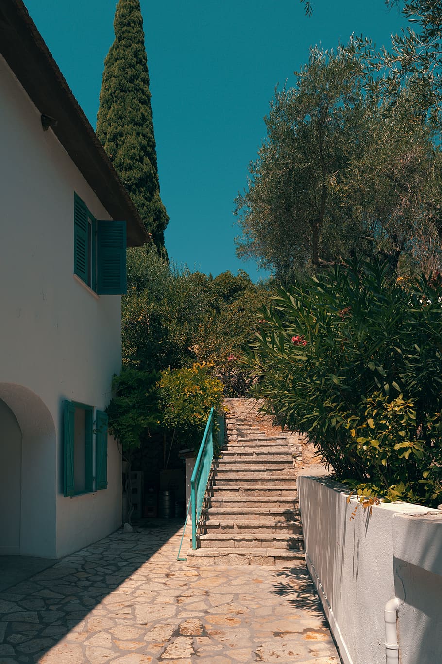 trees, summer, greece, house, backyard, garden, green, stairs HD wallpaper