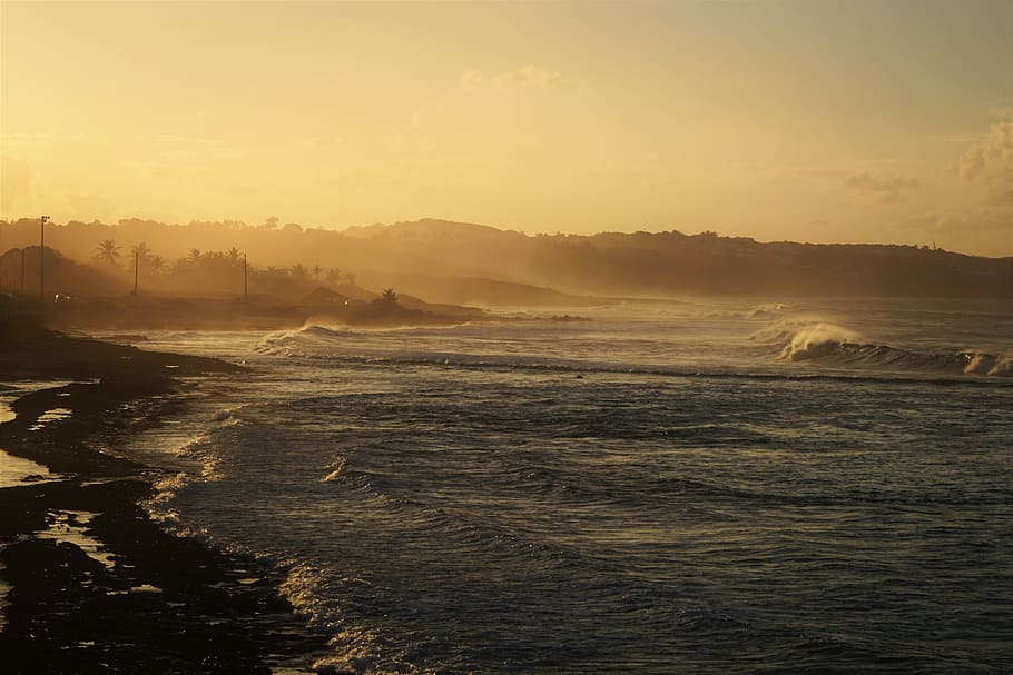 guadeloupe, le moule, sea, beach, waves, sand, rocks, sunset, HD wallpaper