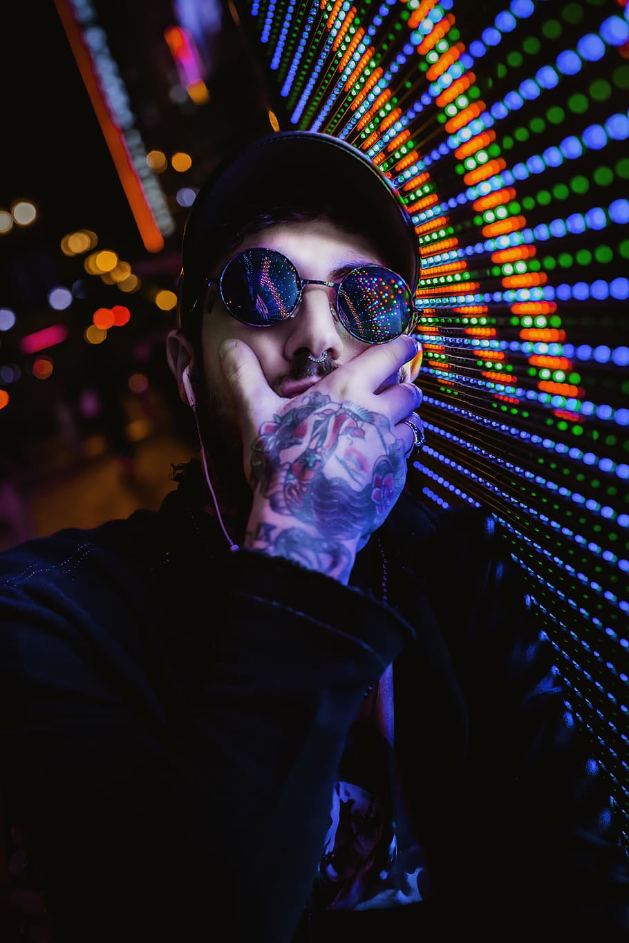 Man Covering Mouth, lights, person, style, sunglasses, illuminated HD wallpaper