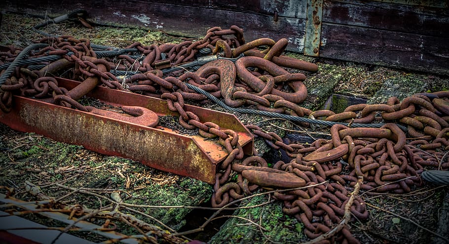 chains, hack, iron, rust, steel, metal, moss, weathered, old HD wallpaper