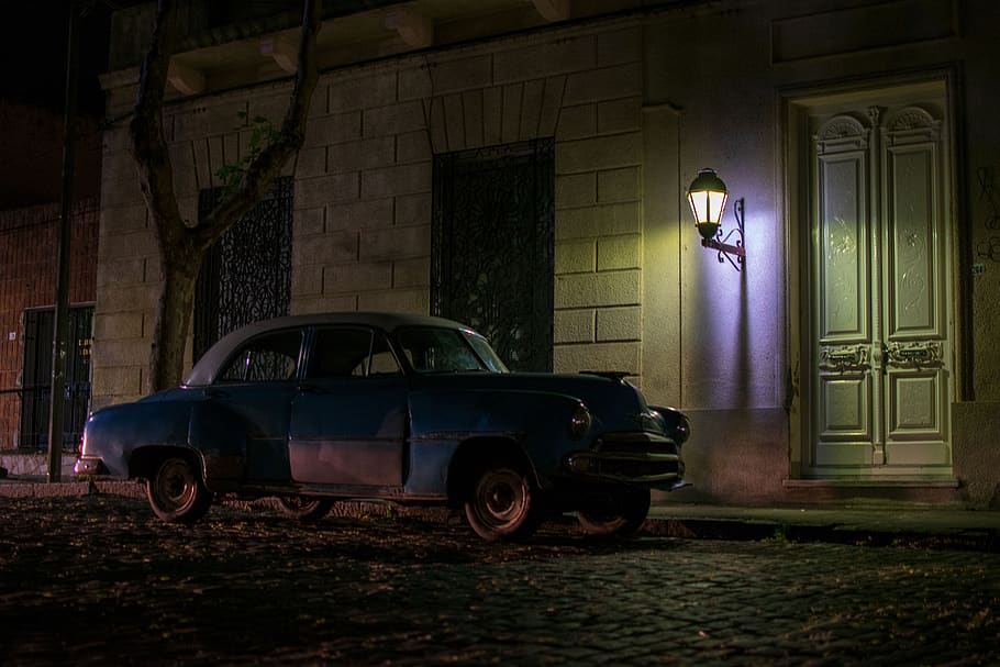 oldtimer, old car, road, colonia, uruguay, night, motor vehicle HD wallpaper