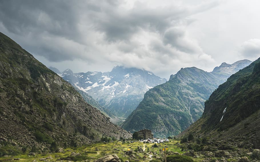 white shed surrounded by mountains, sky, mountain range, scenics - nature HD wallpaper