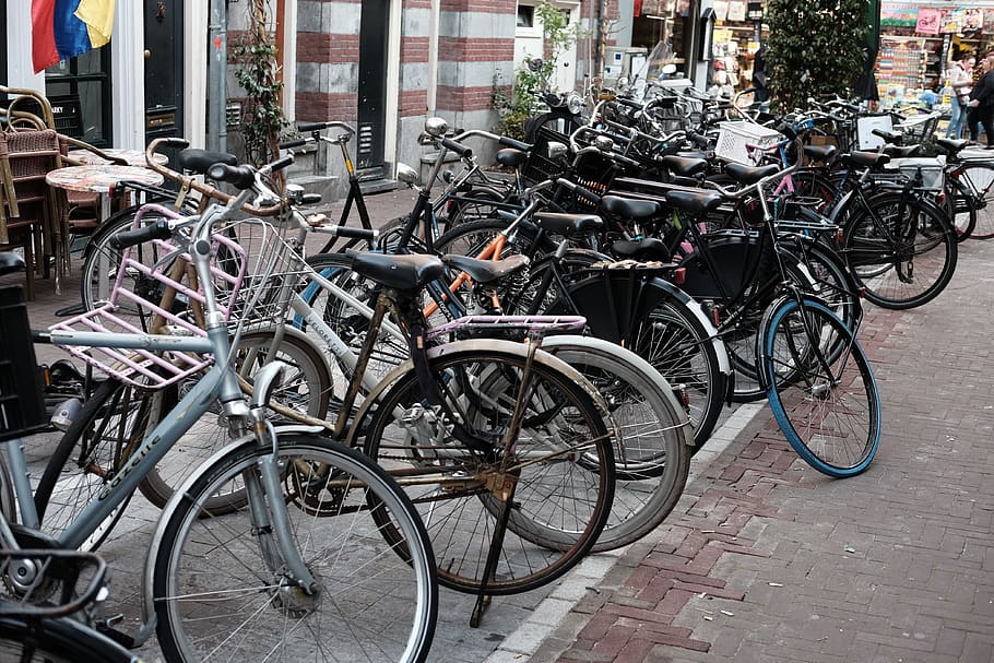 bikes, amsterdam, parking, bicycle, transportation, mode of transportation HD wallpaper