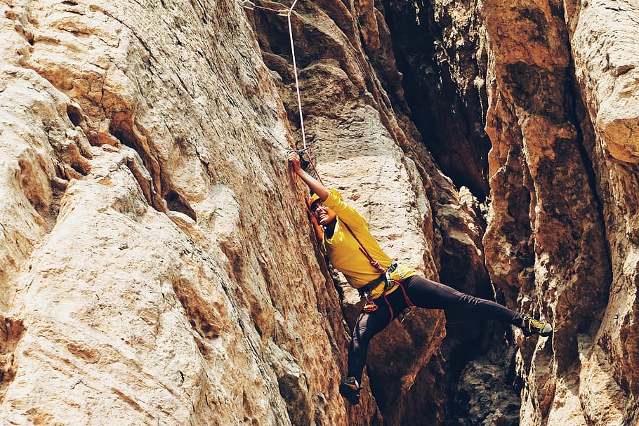 rappelling, rocks, hill, cliff, people, girl, adventure, outdoor HD wallpaper