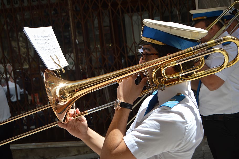 trombone, brass band, musician, sheet music, notes, concentration
