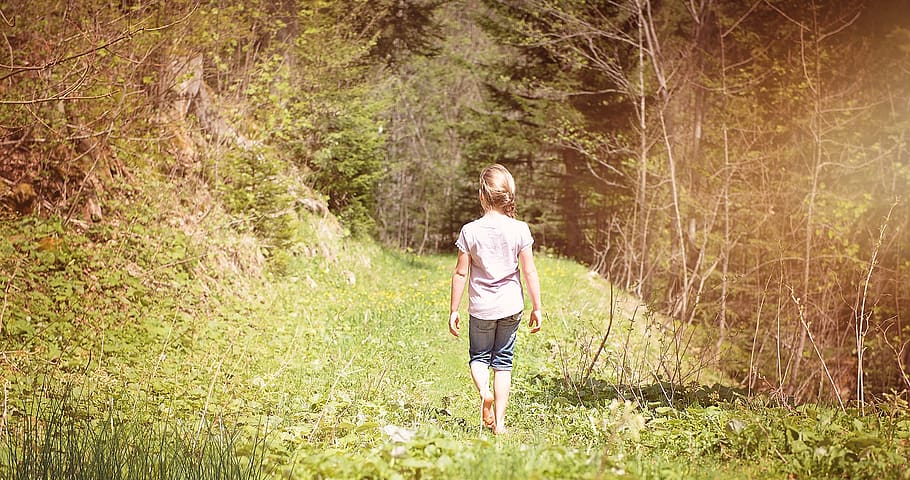 Girl Waling Across the Forest, away, back view, beautiful, child HD wallpaper