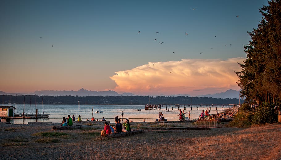 canada, crescent beach, surrey, clouds, water, people, relaxing, HD wallpaper