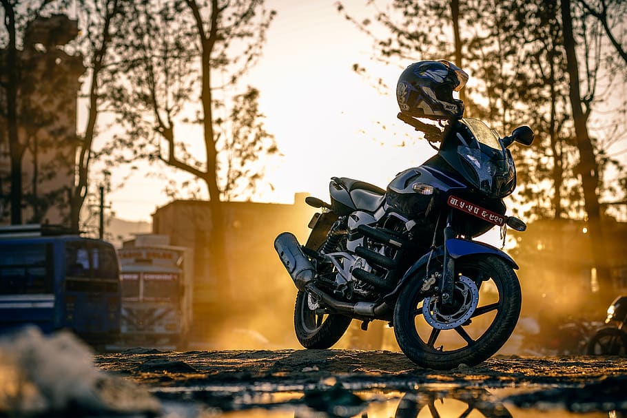 Black Standard Motorcycle Near Car, blur, close-up, engine, focus HD wallpaper