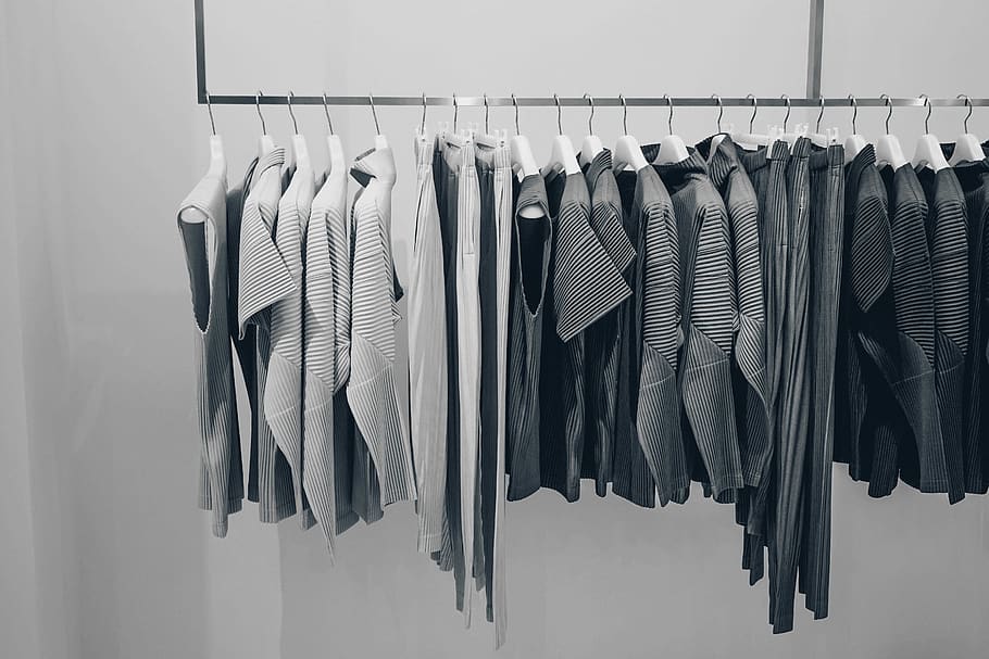 grayscale photo of shirts on rack, hanging, clothing, in a row, HD wallpaper