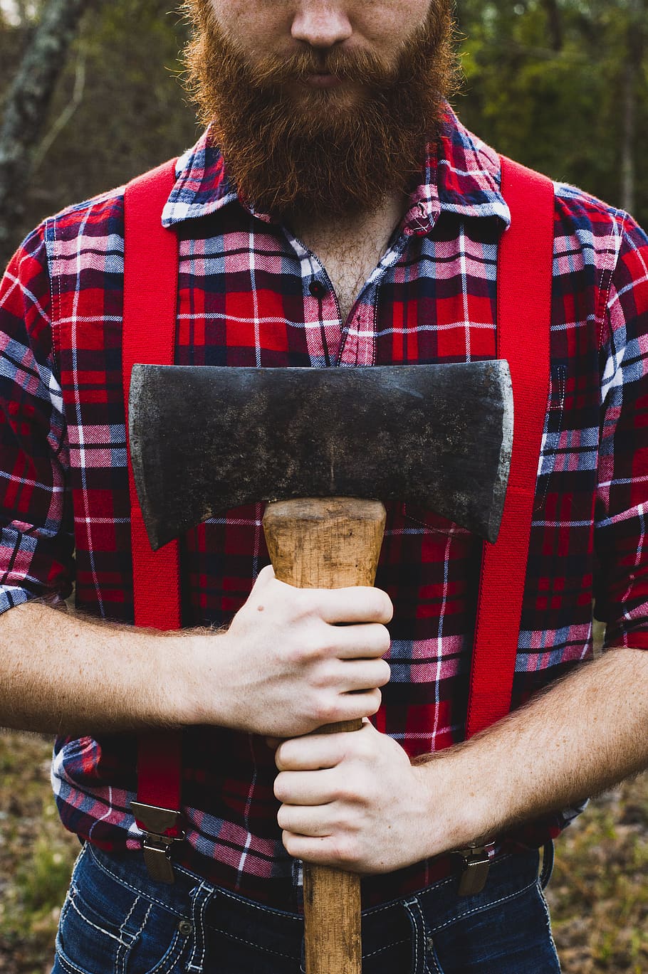 man holding axe, person, human, face, beard, tool, lumberjack, HD wallpaper