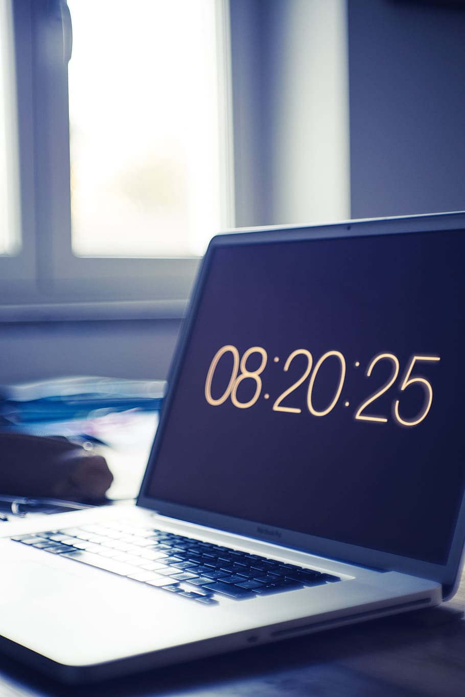 Turned-on Laptop Displaying 08:20:25, desk, digital, electronics HD wallpaper