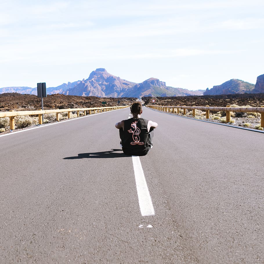 man sitting on road, asphalt, tarmac, human, person, way, highway HD wallpaper