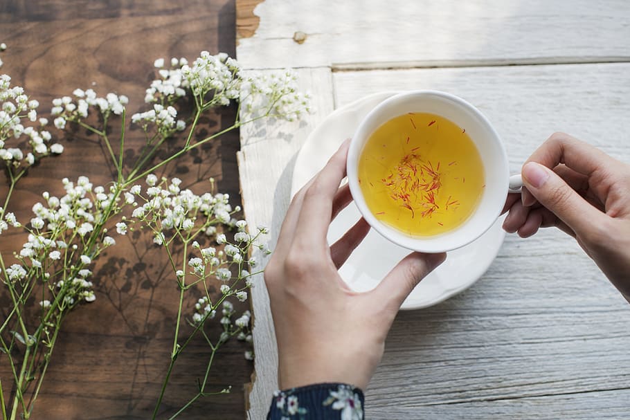 beverage, tea, break, cup, drinking, enjoying, flower, hand HD wallpaper