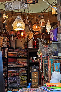 assorted-color item display inside building, india, market, lamp HD wallpaper