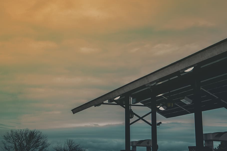 Gray Steel Roof at Sunset, architecture, clouds, dawn, daylight HD wallpaper